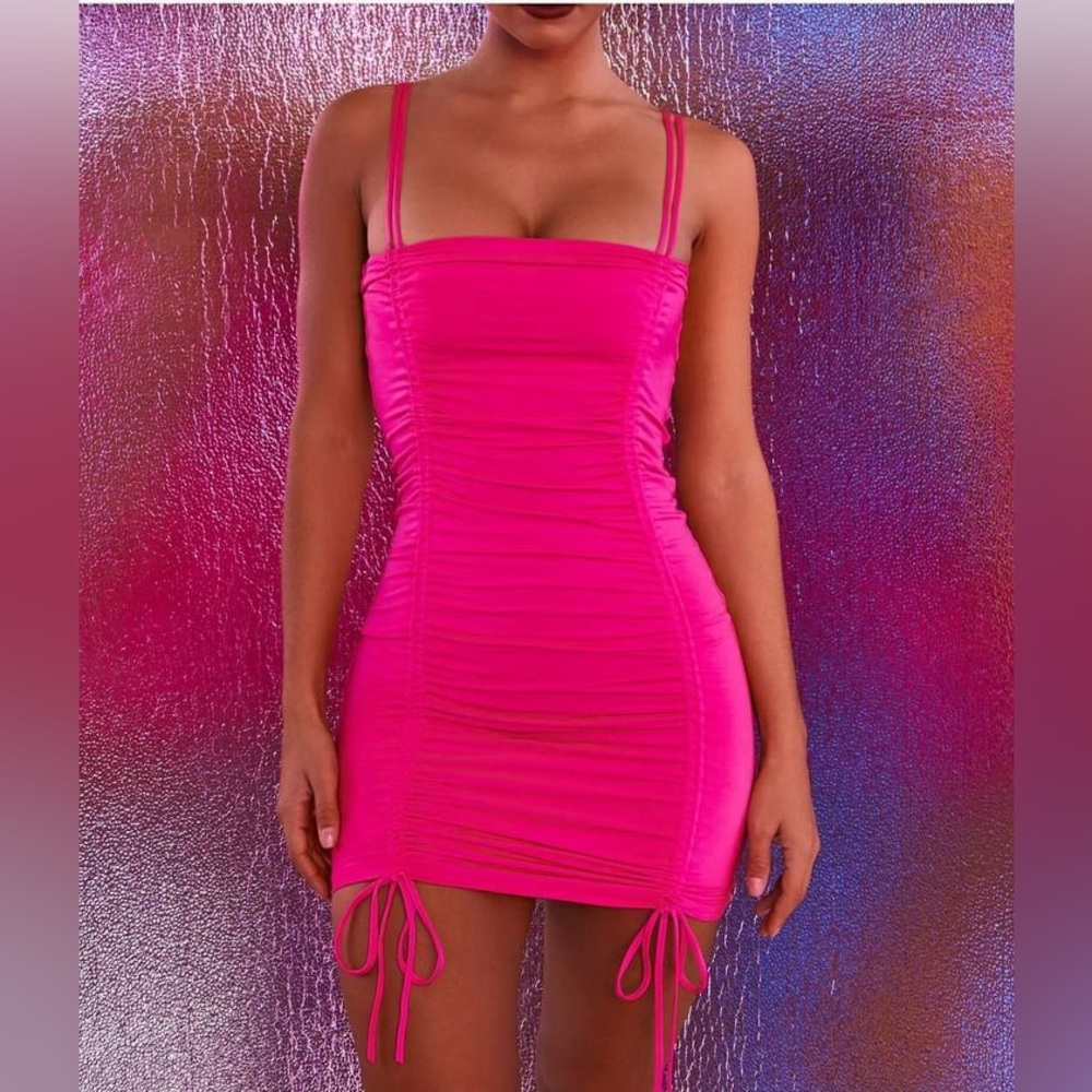 OH POLLY SWEET LITTLE TIES STRAPPY RUCHED MINI DRESS IN PINK